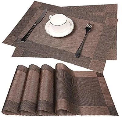 Abbildung von Fontic Platzdeckchen Rutschfest Abwaschbar Tischmatten aus PVC Abgrifffeste Hitzebeständig Tischsets Schmutzabweisend, 6er Set Platzsets, 30x45cm, Braun