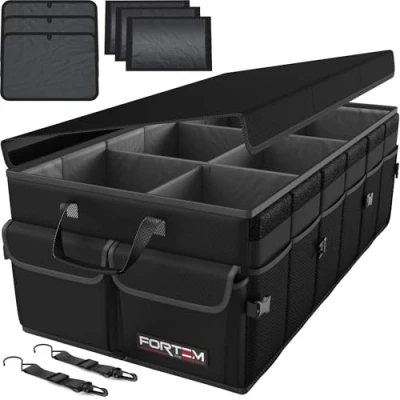 Abbildung von FORTEM Kofferraum Organizer, Kofferraumtasche, Zusammenklappbarer Auto Organizer mit Fächern, Rutschfester Boden, Verstellbare Sicherungsriemen, Klappbarer Deckel (Schwarz, Größe XL)