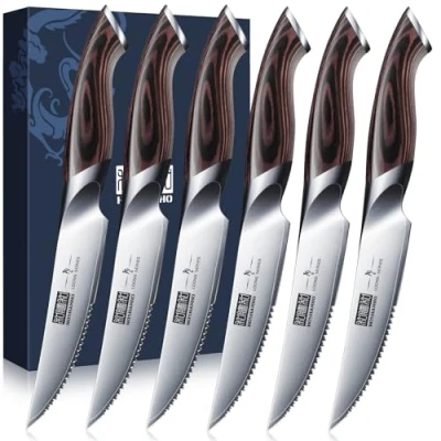 Abbildung von HOSHANHO Steakmesser 6 Teilig Set, Hochwertige Edelstahl Küchen Steakbesteck, Scharfe Gezahnte Steak Messerset mit Ergonomischem Griff