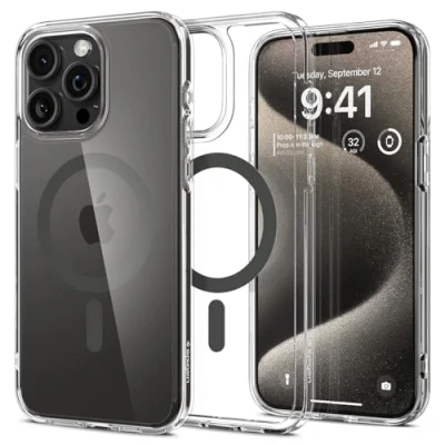 Abbildung von Spigen für iPhone 15 Pro Max Ultra Hybrid MagFit Hülle [Anti Yellowing] Case Handyhülle Transparent Dünn Slim Kompatibel mit MagSafe Carbon Fiber