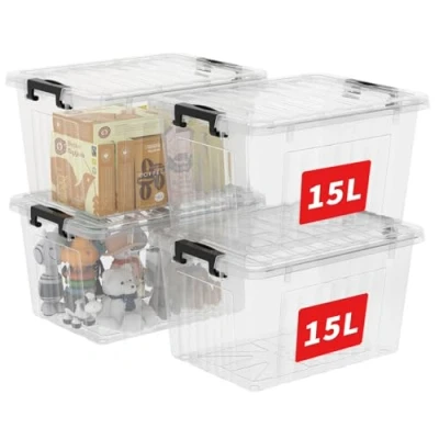 Abbildung von Cetomo 15 l x 4 Kunststoff Aufbewahrungsbox mit robustem Deckel und sicheren Verriegelungsschnallen, stapelbar stapelbar, Stück, transparent schwarzer Schnalle