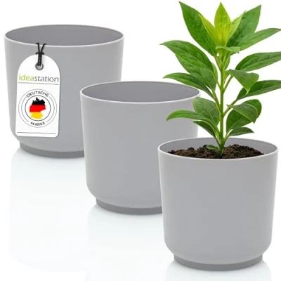 Abbildung von idea station Blumentopf Set 3 x 13 cm grau bruchsichere Blumentöpfe aus Plastik für verschiedenste Pflanzen, Blumen einsetzbar Matte Übertöpfe innen und außen