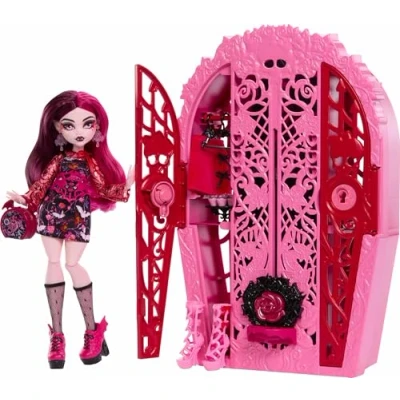 Abbildung von Monster High Skulltimate Secrets Set aus Puppe und Zubehör, Garden Mysteries Draculaura mit zauberhaftem Kleiderschrank über 19 Teeparty Überraschungen wie Puppenkleidung, HYT72
