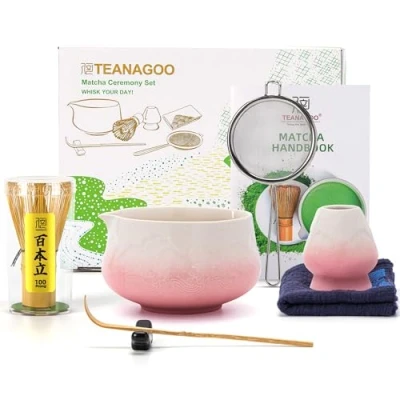 Abbildung von TEANAGOO 7 Stück Matcha Set, Besen, Schale mit Ausgießer, Set Rosa, Tee für die Zubereitung von Milchkaffee, Schneebesen und Schüssel löffel &amp; Sieb