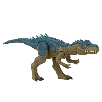 Abbildung von Mattel Jurassic World Kampfaction Allosaurus Stampfattacke und Lebensechte Bewegungen wilder Angriff, mit aufgerichtetem Hals, furchteinflößender Beißbewegung Brüllen, HRX50