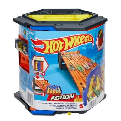 Abbildung von Hot Wheels HGK41 Rollout Raceway Trackset, lässt Sich zu Einer fünfspurigen Rennstrecke ausrollen, Aufbewahrungsbehälter, Spielzeug Autorennbahn für Kinder ab 4 Jahren