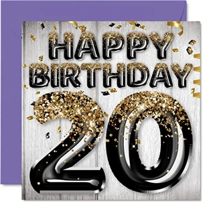 Abbildung von Stuff4 Geburtstagskarte zum 20. Geburtstag für Männer schwarze und goldene Glitzerballons Happy Karten 20 Jahre alten Mann Son Bruder Onkel Cousin, 145 mm x Grußkarten Geschenk