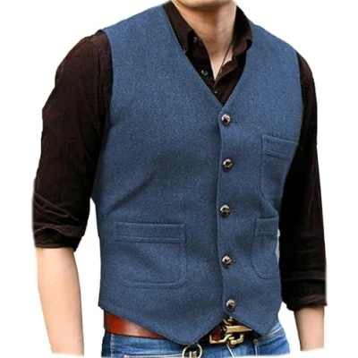 Abbildung von Solovedress Mens Vintage Classic Wolle Anzugweste Formale Regular Fit Weste Anzug für Hochzeit Groomsmen(Light Blue,XXL)