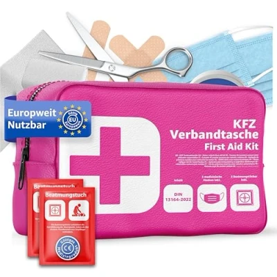 Abbildung von Verbandstasche KFZ Norm 2025 mit Beatmungstücher Verbandskasten Auto DIN13164:2022 Erste Hilfe Set StVO konform (Pink)
