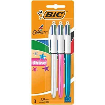 Abbildung von BIC 4 Farben Kugelschreiber Set Colours Shine, Schaft in verschiedenen Farben, 3er Pack, nachfüllbar, Ideal für das Büro, Home Office oder die Schule, 1 stück (3er Pack)
