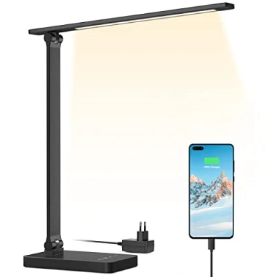 Abbildung von Lepro Schreibtischlampe, LED Tischlampe 15W, 655LM Tischleuchte 3 Farben, 5 Helligkeitsstufen Dimmbar mit USB Anschluss, Schreibtischleuchte Augenschutz, Leselicht für Büro, Schwarz