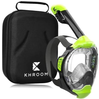 Abbildung von Khroom Schnorchelmaske für Erwachsene und Kinder Seaview Y CO2 sicher Vollmaske zum Schnorcheln Schnorchelset Alternative Vollgesichtsmaske Schnorchelausrüstung S/M Neon Grün+Case