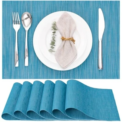 Abbildung von Myir JUN Tischsets Abwaschbar 6er Set, Gewebte Platzdeckchen rutschfest Abgrifffeste Hitzebeständig, Vinyl Platzsets für küche Speisetisch Hotel, Platz Matten 30x45cm (Blau)