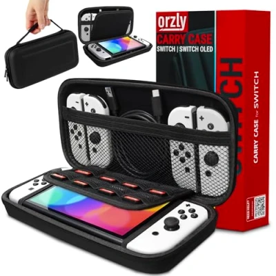 Abbildung von Orzly Switch Tasche für Nintendo Switch/Switch OLED und Zubehör Stoßfeste Tragetasche Harte Schutzhülle, Reisetasche mit Aufbewahrung Konsole, Joycons, Spiele Schwarz