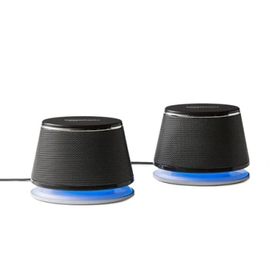 Abbildung von Amazon Basics Stereo 2.0 Lautsprecher für PC oder Laptop, 3,5 mm AUX Eingang, USB Stromversorgung, 1 Paire, Schwarz