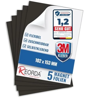 Abbildung von Reorda Magnetfolie selbstklebend 5er Set Magnetpapier mit starkem 3M Kleber Magnetplatte zuschneidbar für Kühlschrank, Tafeln &amp; Poster Magnetische Folie für&#039;s Basteln