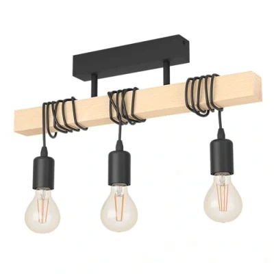 Abbildung von EGLO Deckenlampe Townshend, 3 flammige Vintage Deckenleuchte im Industrial Design, Retro Pendelleuchte aus Stahl und Holz, Schwarz, braun, FSC zertifiziert, E27 Fassung
