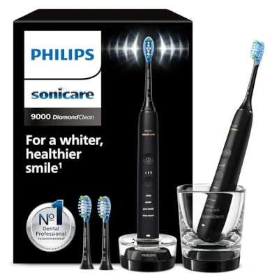 Abbildung von Philips Sonicare DiamondClean 9000 elektrische Zahnbürste, Doppelpack, Schallzahnbürste mit App, Drucksensor, 4 Putzmodi, 3 Intensitätsstufen, Ladeglas, schwarz, Modell HX9914/63
