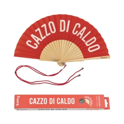 Abbildung von Fisura Origineller Handfächer mit Aufschrift &quot;c*zzo di caldo&quot;. Moderner und lustiger Holzfächer. Roter weißer Fächer. Maße: 42,5 x 23 cm. Holz Textil.