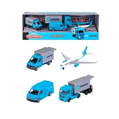 Abbildung von Majorette Maersk Transport Fahrzeuge (Geschenkset) 4 Modellfahrzeuge aus Metall (Man Truck, Mercedes Benz Sprinter, Volkswagen Crafter &amp; Airbus Flugzeug), Spielzeug für Kinder ab 3 Jahre