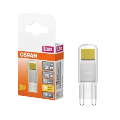 Abbildung von Osram LED PIN Lampe aus klarfarbenem Glas, mit 1.8 W für 200 lm, warmweißes Licht 2700 K, multicolor, Retrofit Stecksockel G9, CRI 80, EEK E, 15 mm Durchmesser.