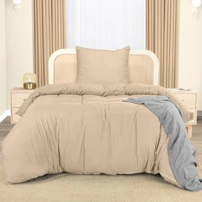 Abbildung von Utopia Bedding Bettwäsche 135x200 Set Mikrofaser Bettbezug cm + 1 Bestickte Kissenbezug 80x80 Beige