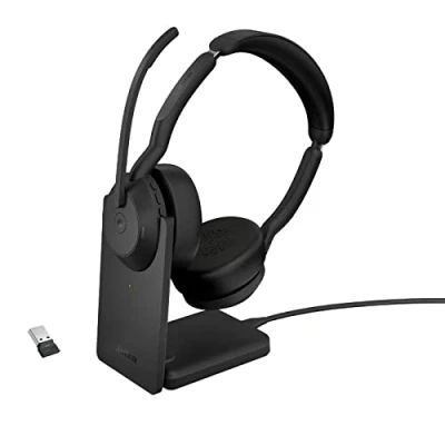 Abbildung von Jabra Evolve2 55 schnurloses Stereo Headset mit Ladestation und Air Comfort Mikrofone Geräuschunterdrückung ANC MS Teams zertifiziert, anderen Plattformen kompatibel Schwarz