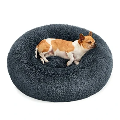 Abbildung von Feandrea Hundebett flauschig, Katzenbett, Donut Kissen, waschbar, Polsterung in der Mitte herausnehmbar, Langer Plüsch, 60 cm Durchmesser, dunkelgrau PGW038G02