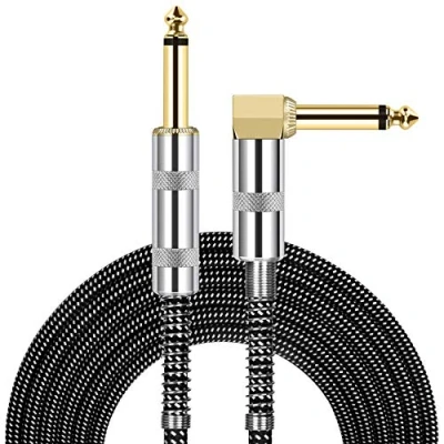 Abbildung von JOLGOO Gitarrenkabel, 1/4 Zoll Kabel 3m, gerade auf rechtwinkligen 6,35mm Stecker Bass Keyboard Instrumentenkabel, schwarz und grau Tweed Stoff Jacke, elektrische Mandoline, pro Audio