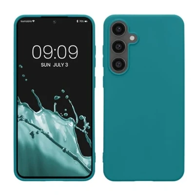 Abbildung von kwmobile Hülle kompatibel mit Samsung Galaxy S24 FE weiches TPU Silikon Case Cover geeignet für kabelloses Laden Petrol matt