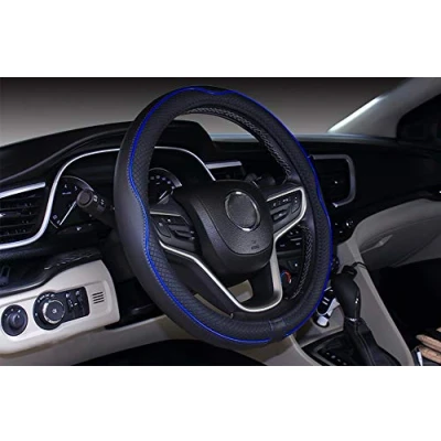 Abbildung von ISTN Mikrofaser Leder Auto Lenkradbezug 38cm für die meisten Autos (schwarz dunkelblau)