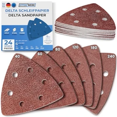 Abbildung von EffektWerk Delta Schleifpapiere (24er Pack, 6 Löcher), 93 x mm dreieckige Schleifpads für Mausschleifer, mehrere Körnungen (40, 60, 80, 120, 180, 240)