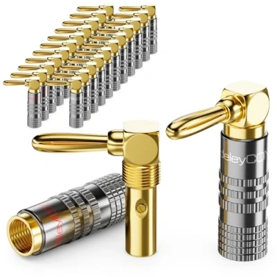 Abbildung von deleyCON 24 Stück Bananenstecker Set 90 Gewinkelt Vergoldet Schraubbar für Lautsprecherkabel Boxenkabel 0,75 mm 4,5 &amp; z. B. HiFi Heimkino Receiver