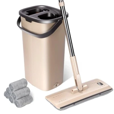 Abbildung von Masthome Wischmopp und Putzeimer Set mit Wischmop Edelstahlgriff Zwei Kammer Putzset Bodenwischer für Nass Trockennutzung,6 Wiederverwendbare Pads Enthalten Bodenreinigung