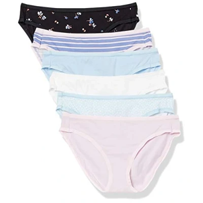 Abbildung von Amazon Essentials Damen Bikinihose aus Baumwolle (in Übergröße erhältlich), 6er Pack, Blau/Hellrosa/Schwarz Floral/Streifen/Streublumen/Weiß, 38