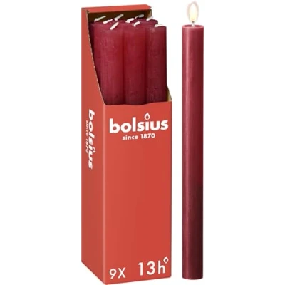 Abbildung von Bolsius Rustik Stabkerzen Rot 9 Stück 27 x 2.3 cm Länge Brenndauer 13 Stunden Unparfümierte Enthält Natürliches Pflanzenwachs Ohne Palmöl