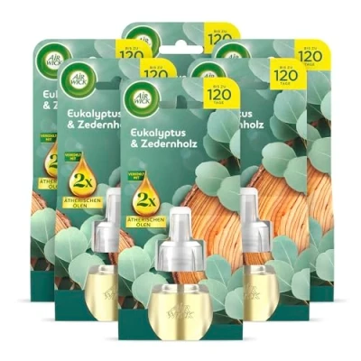 Abbildung von Air Wick Duftstecker Nachfüller Duft: Eukalyptus und Zedernholz Holzig frischer Raumduft für die Steckdose 6x 19ml Duftölflakon