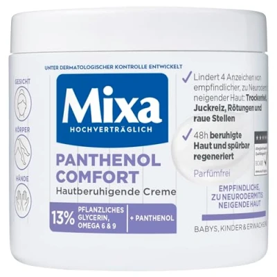 Abbildung von Mixa Panthenol hautberuhigende Creme, mit Panthenol, Pflegecreme für trockene, empfindliche und zu Neurodermitis neigende Haut, Wundheilcreme gegen Rötungen Juckreiz, Comfort, 400 ml