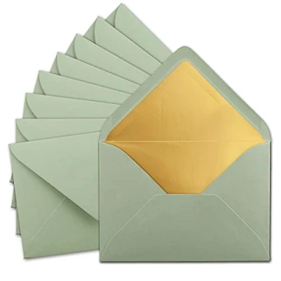 Abbildung von 50x DIN C5 Kuverts 15,7 x 22,5 cm in Eukalyptus (Grün) mit goldenem Seidenfutter Nassklebung Blanko Brief Umschläge Post ohne Fenster im Format Marke: GUSTAV NEUSER