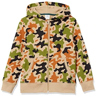 Abbildung von Amazon Essentials Jungen Fleece Kapuzenpullover mit Reißverschluss, Grün Tarnmuster, 9 Jahre