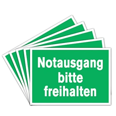 Abbildung von 5 Stück Notausgang freihalten Aufkleber A4 Sticker 21 x 29,7 cm Rettungswegschild mit UV Schutz für Außenbereich Innenbereich