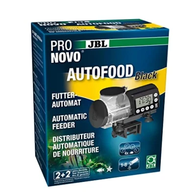 Abbildung von JBL PRONOVO AUTOFOOD, Futterautomat für Aquarium, Fütterung mit Fischfutter Granulat bis zu 4x täglich, Inkl. Halterung und Adapterring zur Erweiterung des Volumens auf 375 ml, Schwarz