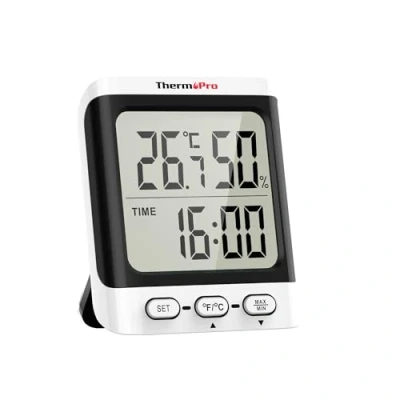 Abbildung von ThermoPro TP152 Thermometer Innen Hygrometer 0.5℃ Präzise Raumthermometer Uhrzeit Luftfeuchtigkeitsmesser Temperaturmessgerät Ideal für Wohnzimmer, Büro, Garage oder Gewächshaus, Schwarz