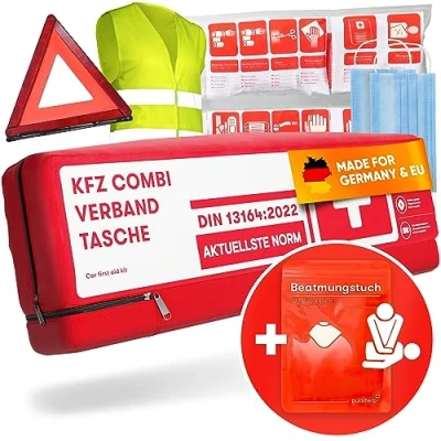 Abbildung von PURAHELP KFZ Kombitasche nach aktueller Norm 2025 DIN 13164 (StVO konform) Inkl. Warndreieck, Warnweste Verbandskasten Warndreieck Set Auto