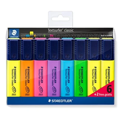 Abbildung von STAEDTLER classic 364 A WP8 Textsurfer, hohe Qualität, mit großem Tintenspeicher für extra lange Markierleistung, Set 8 Textmarkern, Promotion 6 + 2 gratis, Stück (1er Pack)