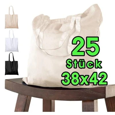 Abbildung von Baumwolltasche 38x42 cm unbedruckt, 25 Stück Zwei KURZE Henkel OEKO TEX® zertifiziert Stofftasche, Tragetasche, Baumwollbeutel, Einkaufstasche, Jutebeutel, Stoffbeutel Einkaufsbeutel bemalen Natur