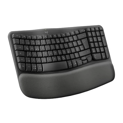 Abbildung von Logitech Wave Keys kabellose ergonomische Tastatur, gepolsterte Handballenauflage, komfortables natürliches Tippen, Easy Switch, Bluetooth, Logi Bolt, Multi OS, Windows/Mac, Deutsches AZERTY, Graphit