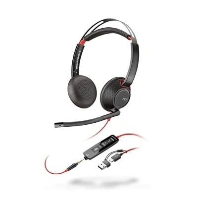 Abbildung von Poly Blackwire 5220 schnurgebundenes Headset, Flexibler Mikrofonarm mit Noise Cancelling, Ergonomisches Design, Verbindung PC/Mobilgeräten über USB C, A oder 3,5 mm, Teams/Zoom kompatibel