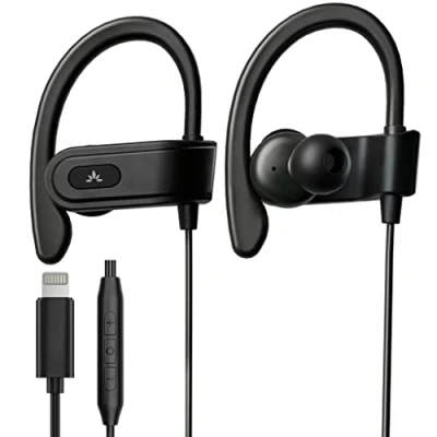 Abbildung von Avantree L171 Kabel Ohrhörer mit Lightning Anschluss [MFi zert.], Mikrofon und Lautstärkeregler, Over Ear Bügel für Sport, Kopfhörer kompatibel iPhone14 13 12 11, unterstützt alle iOS Systeme