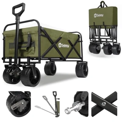 Abbildung von Sekey Bollerwagen Faltbar 200KG Schwerlast, Faltbarer Extra Breite Reifen 17x10 cm, Falt Offroad Strand mit Teleskopstange Bremsen, Klassisch 3017, Olivgrün